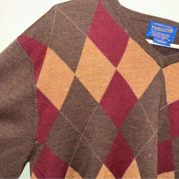 Pendleton Merino Wool Mens Sweater V-neck Plaid Argyle Brown Yellow Maroon - Picture 10 of 11
